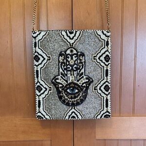 Mary Frances Beaded Hamsa Handbag - Black, white, silver and Gold